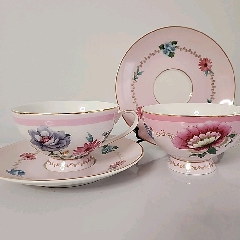 Grace Teaware Pink Floral Tea Cup Saucer Set 2 Cottagecore Gold Gilt Tea Party